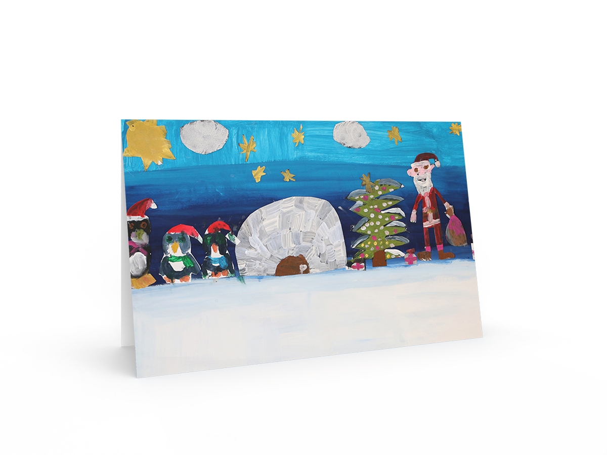 Karte 2601 Weihnachtsmann am Nordpol mit Pinguinen und Iglu.